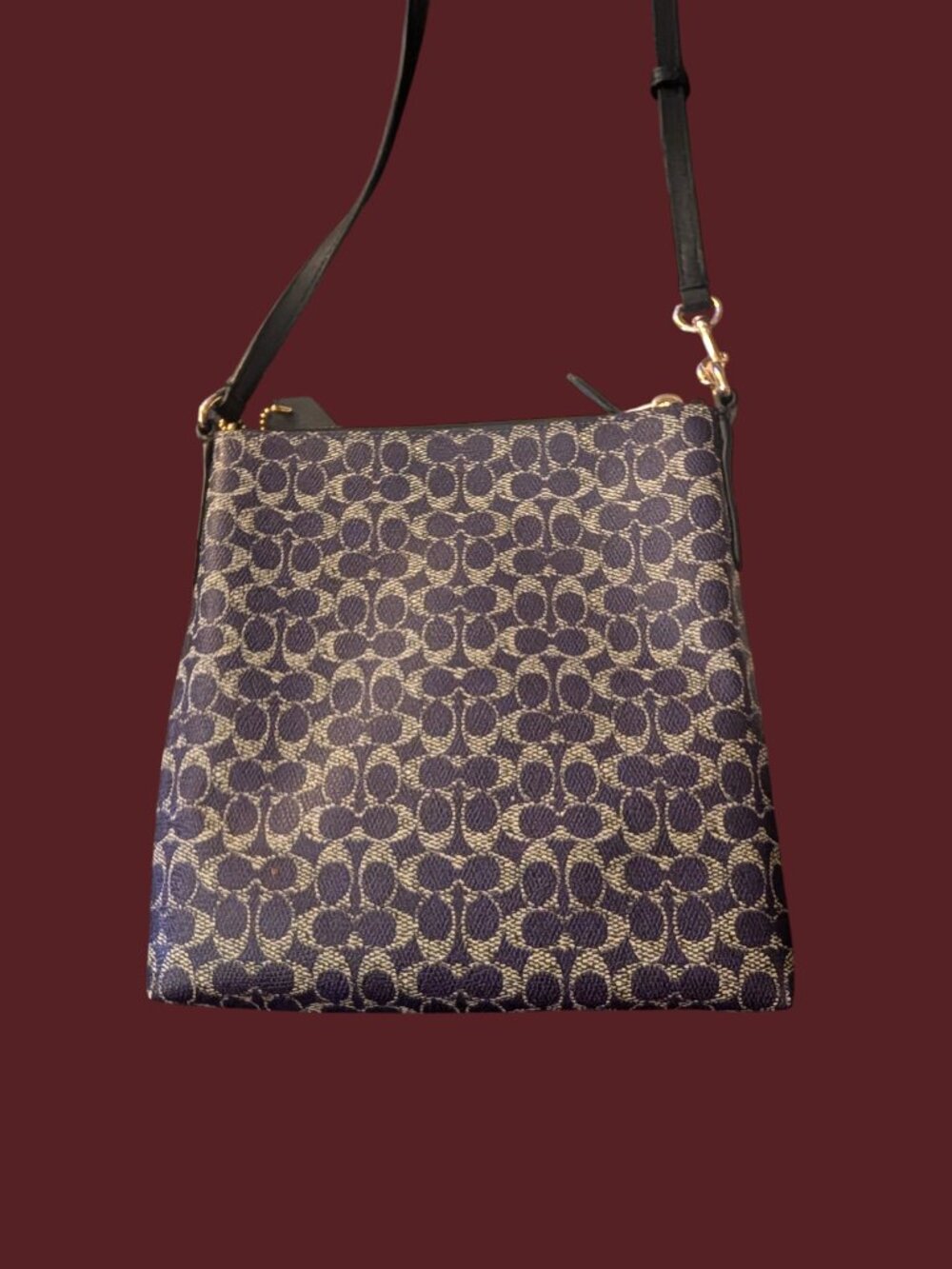 Coach Signature Purple And Black Leather Trim Coated Canvas Cross Body Purse - Picture 3 of 16